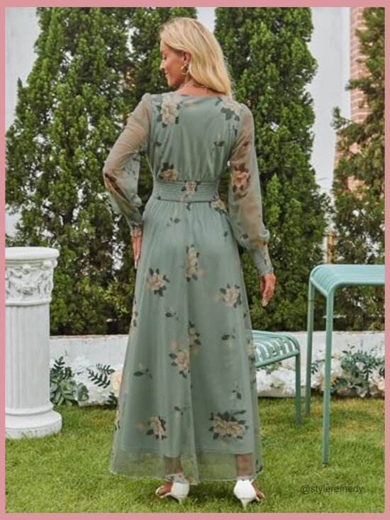 Floral Maxi Dress V Neck Puff Long Sleeve Flowy Casual Wedding Guest - Picture 6 of 7